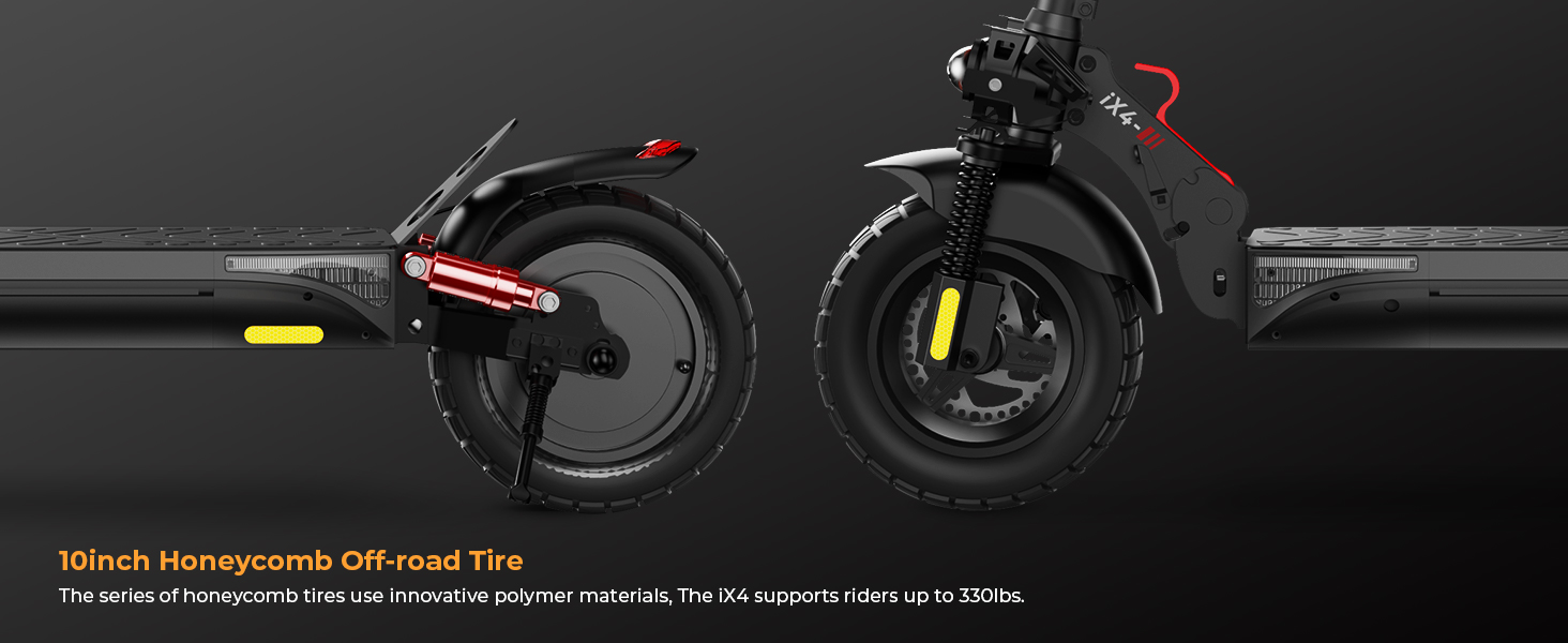 Two electric scooters with large wheels, sleek black design, and red accents. Text mentions '10inch Honeycomb Off-road Tire'.