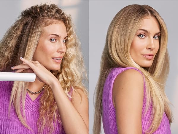 Side by side image of model with long, curly hair using the T3 Lucea 1” and final results.