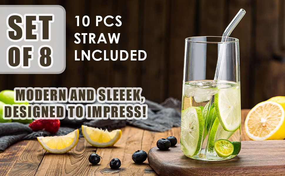 Claplante 18 oz Water Juice Drinking Glasses with Straws