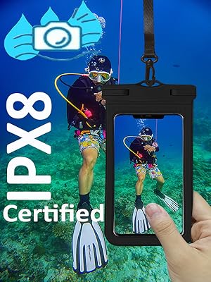 a diving man,a black phone case with lanyard,phone in the black case
