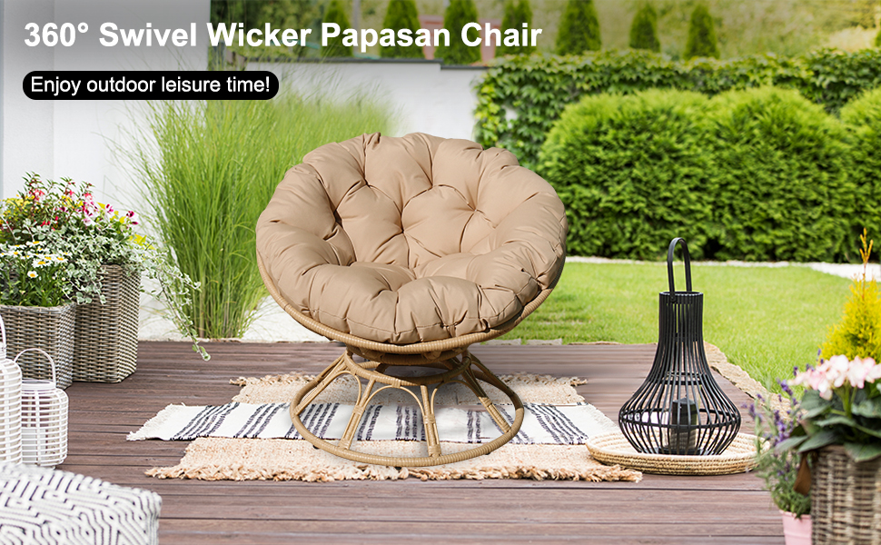 vowtick Wicker Papasan Chair 360Degree Swivel, Papasan