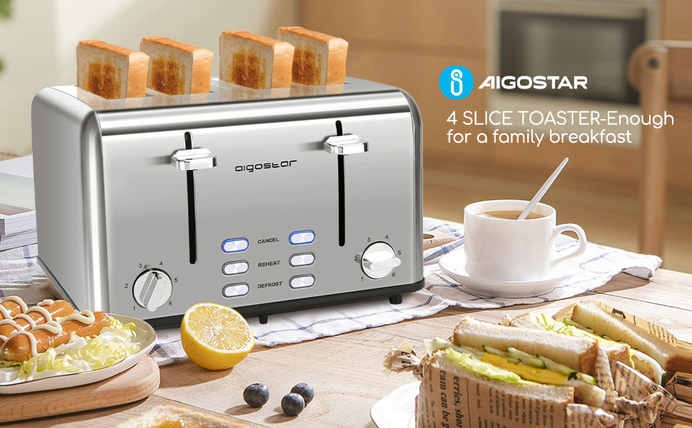 Toaster 4 Slice Wide Slot Stainless Steel Toasters with