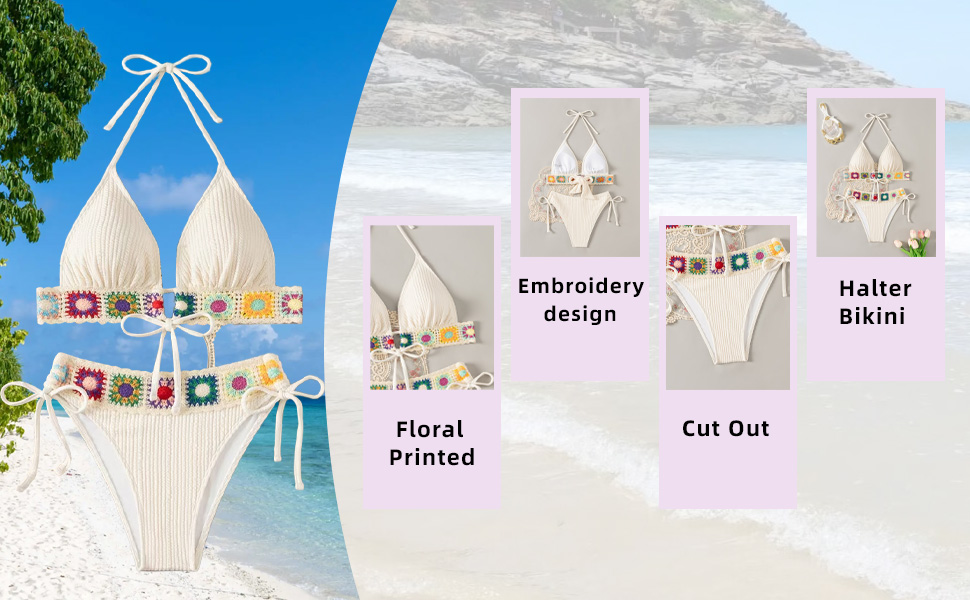 Floral Embroidery Halter Padded Bikini Set