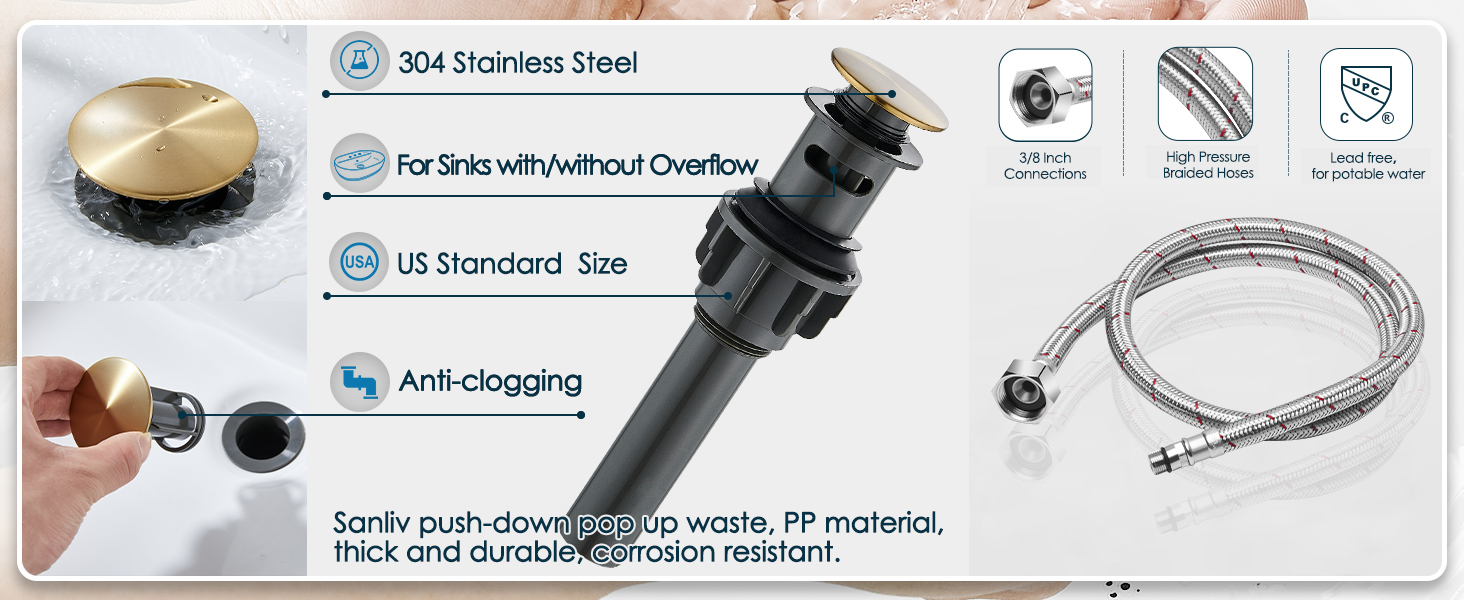 Brushed Gold Bathroom Sink Faucet 3 Holes with durable pop up drain and flexible hoses