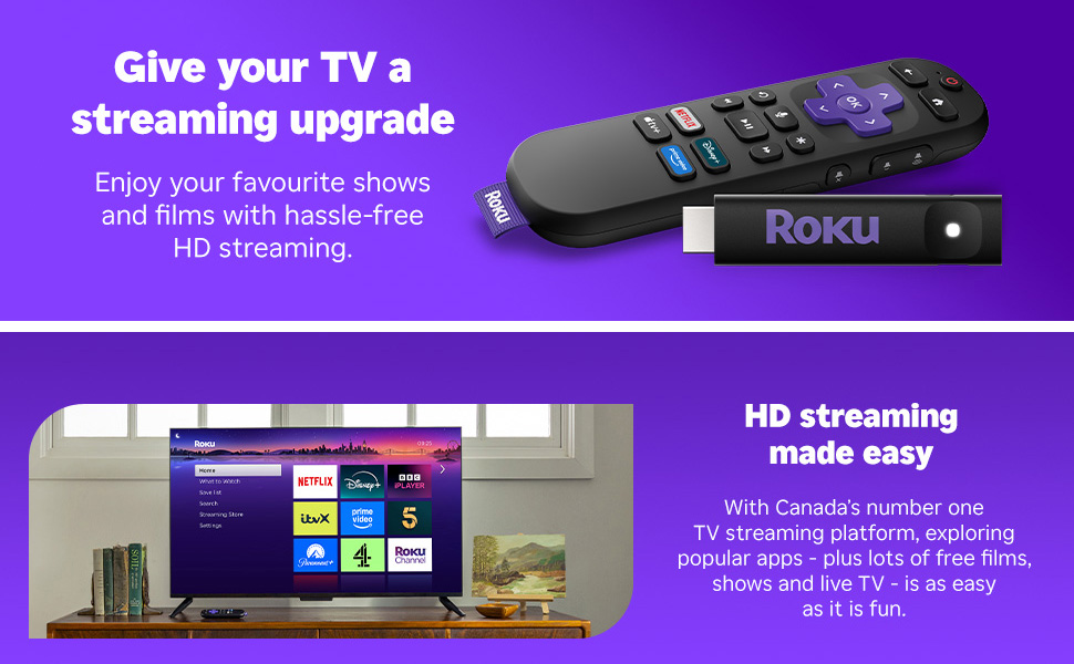 Roku streaming device advertisement showing remote control and streaming stick, with interface display on TV screen below. Purple background with promotional text.