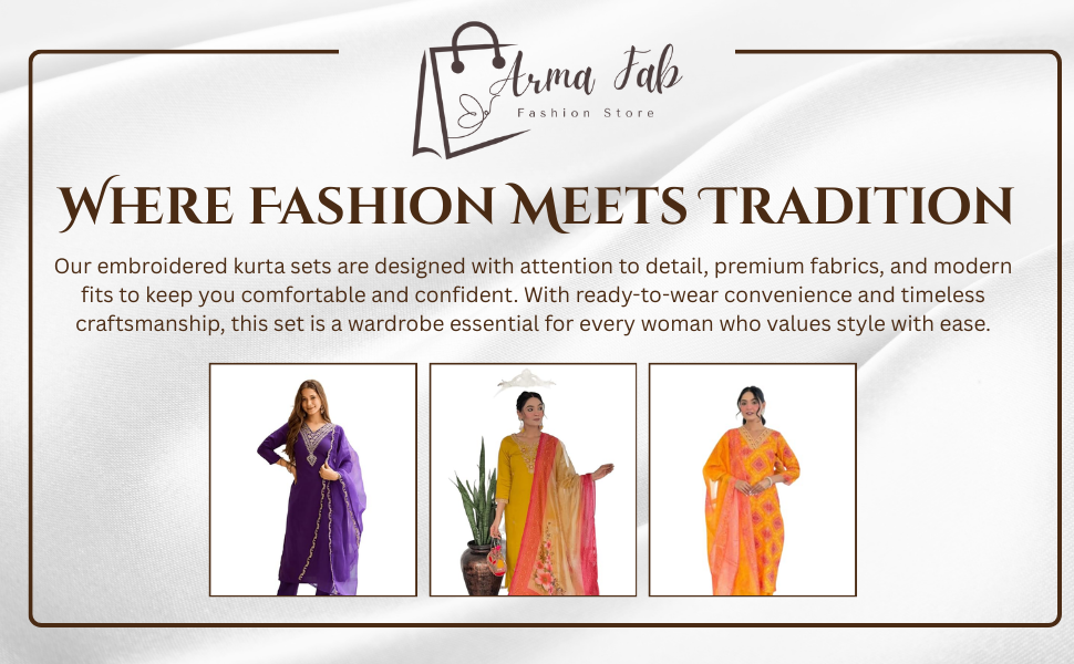 ARMA Fashion Women’s Embroidered Rayon Kurta Set with Pant & Dupatta