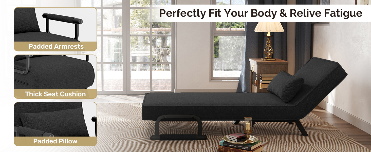 Text reads 'Perfectly Fit Your Body & Relive Fatigue'. Adjustable black lounge chair shown in three positions - upright, semi-reclined, and fully flat, displayed in modern interior setting.