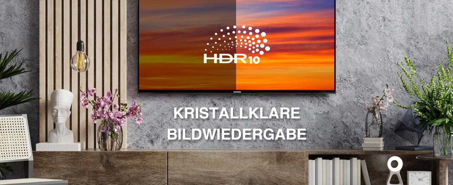 Flachbildfernseher an strukturierter grauer Wand mit dem HDPK-Logo und deutschem Text für kristallklare Bildqualität