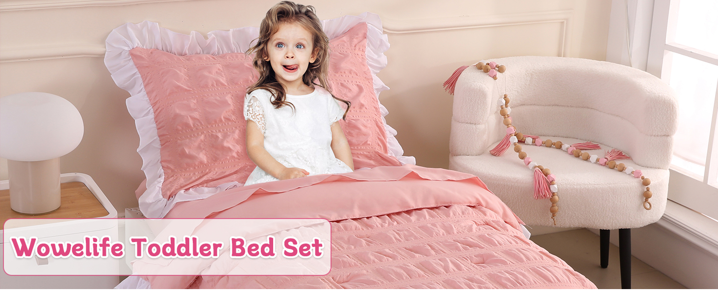 Wowelife Pink Toddler Bedding Set for Girls, 4 Pieces