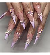 Long Press on Nails Stiletto Fake Nails with Designs 3D Bow Flower Stick on Nails French Tip Fals...