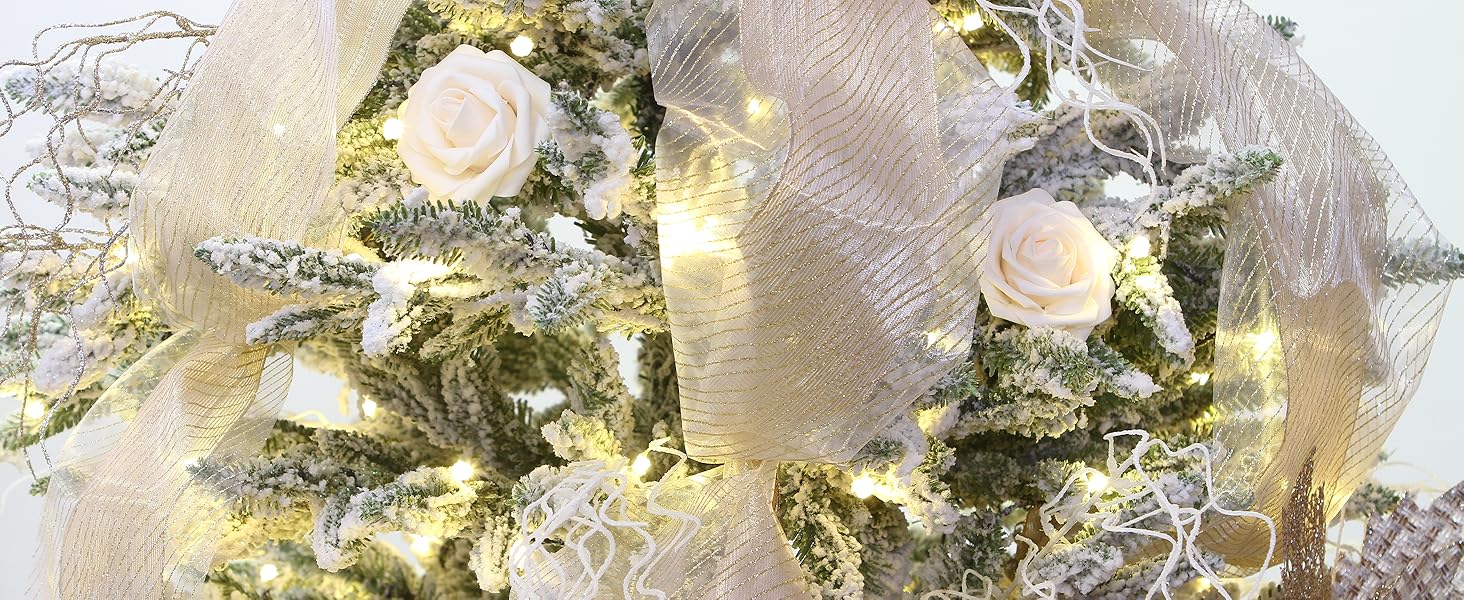 Glitter ribbons with ornaments on a Christmas tree