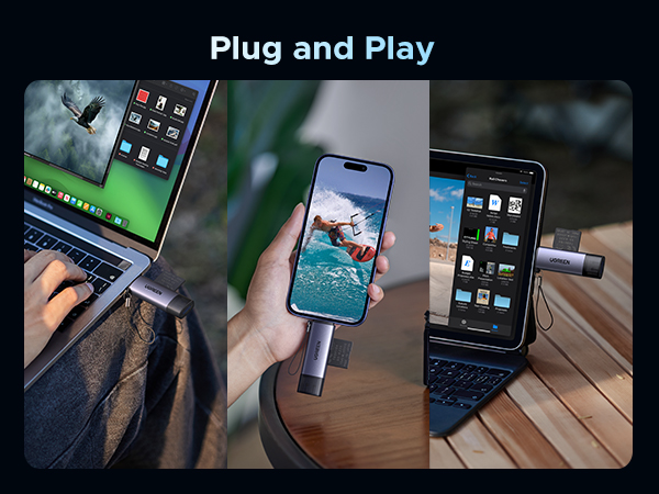 Three-panel image showcasing a plug and play device connecting smartphones to laptops. Panels show device usage with different devices and settings.