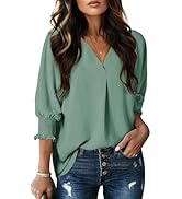 Dokotoo Women Blouses Dressy Casual V Neck 3/4 Length Sleeve Womens Tops with Smocked Cuffs