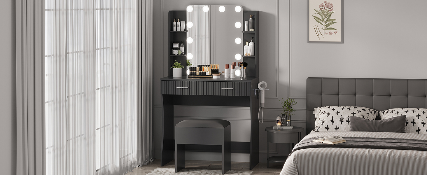 Makeup Vanity Desk with Mirror and 12 LED Lights, Vanity Table with Power Outlet