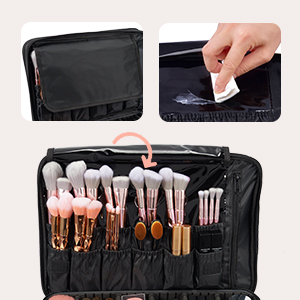Black makeup brush organizer case with multiple compartments. Open case displays various makeup brushes with rose gold handles. Side panel shows a hand inserting a brush into a pocket.