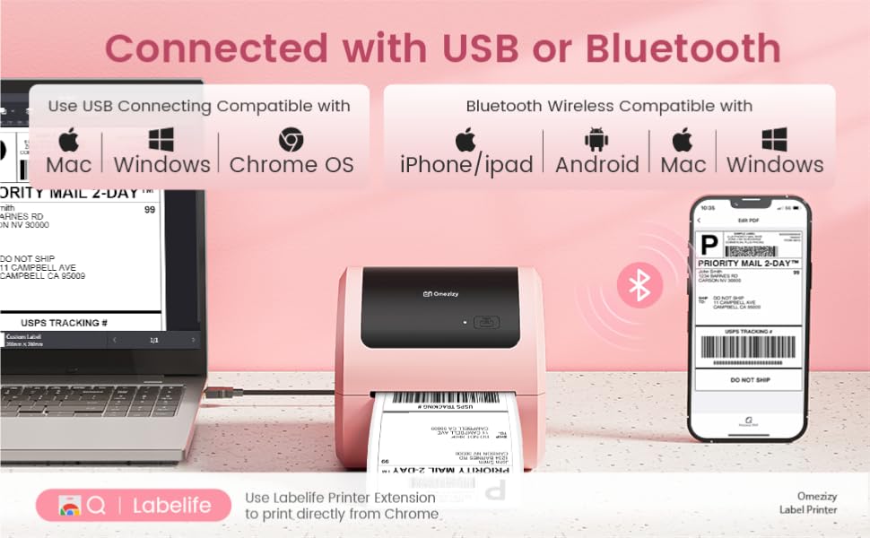 Omezizy Bluetooth Shipping Label Printer Pink Thermal Label Printer