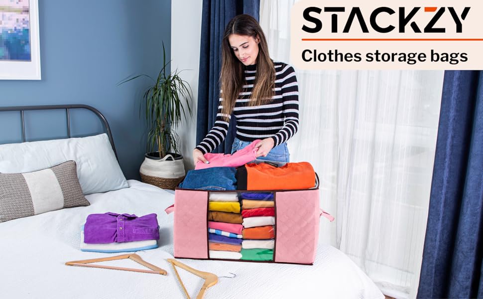 Stackzy Large Clothes Storage Bags Sturdy Fabric Closet Organiser