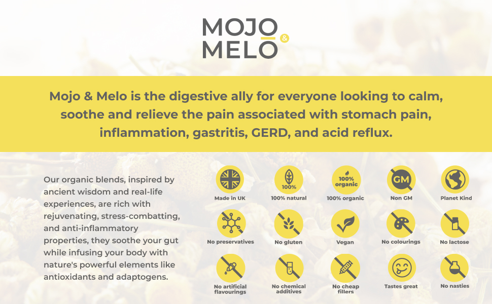 Mojo & Melo Organic Stomach Relief Tea Relieves Heartburn, Acid