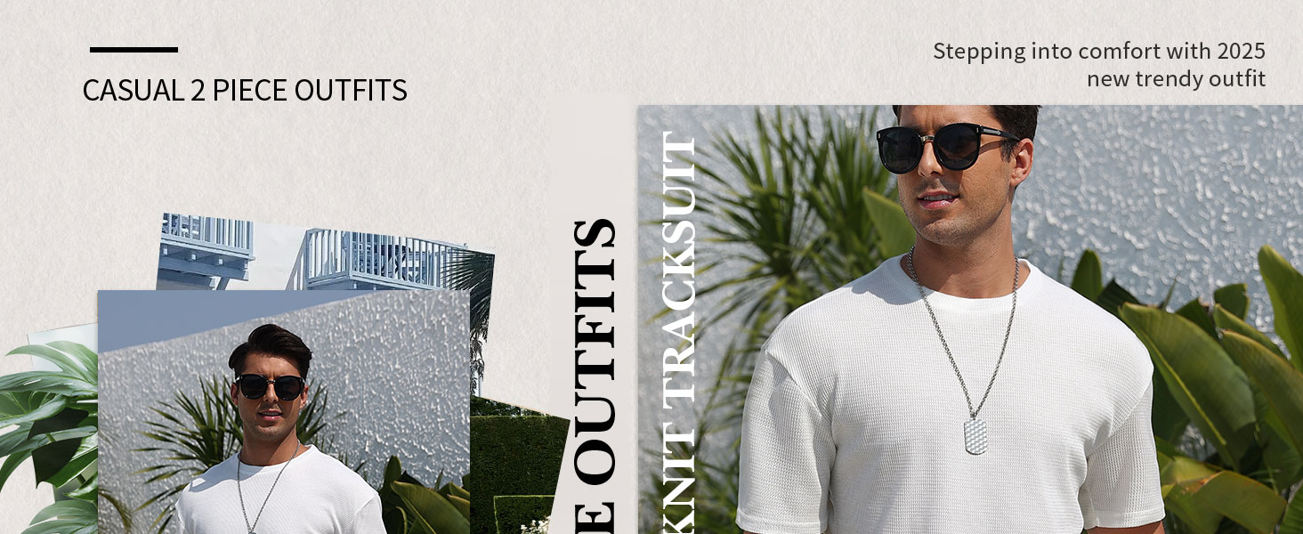 Men's 2 Piece Outfits Short Sleeve Waffle Knit Tracksuit Summer Shirt and Shorts Set