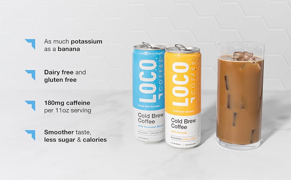 Loco Life Brew Vanilla Honey Cold Brew Coffee With Oat Milk and Coconut Water 11 Ounce Can Pack of 12, Gluten Free and Dairy Free, Low Sugar, Low Calorie Iced Coffee loco coffee, potassium, electrolytes, dairy free, caffeine, iced coffee cans
