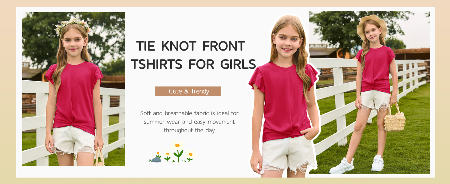 Girls T Shirts Ruffle Sleeve Twist Front Tshirts