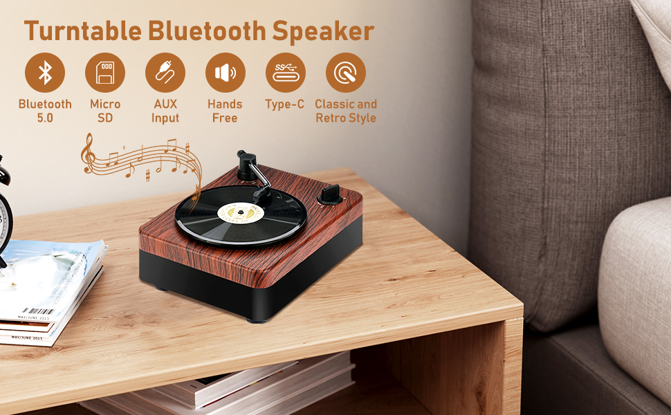 Topretty Bluetooth Speaker,Turntable Bluetooth Speaker Portable
