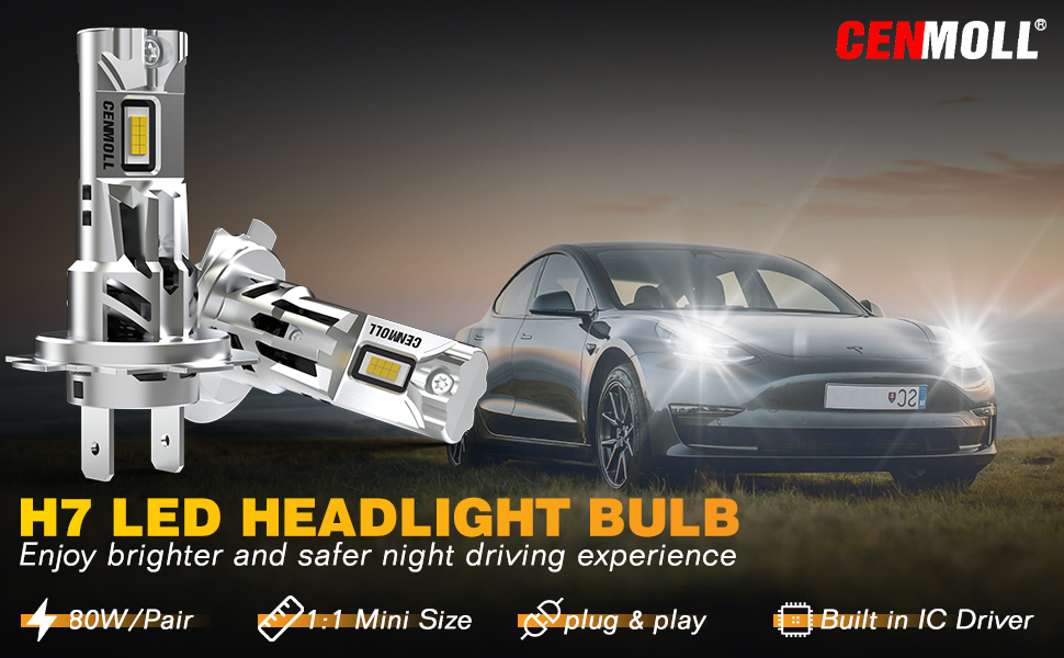 CENMOLL H7 Led Headlight Bulb, 400 Brighter 80W 16000LM 6000K Cool
