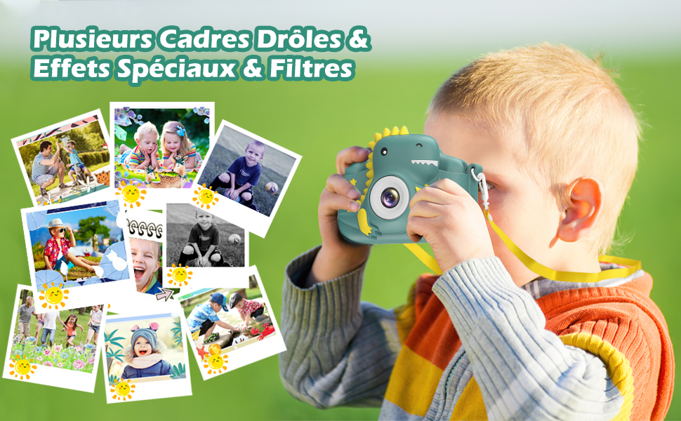 Enfant utilisant un appareil photo jouet de couleur turquoise. Plusieurs cadres photo aux effets variés entourent l'image principale, ce qui suggère un appareil photo doté de filtres et de cadres spéciaux.
