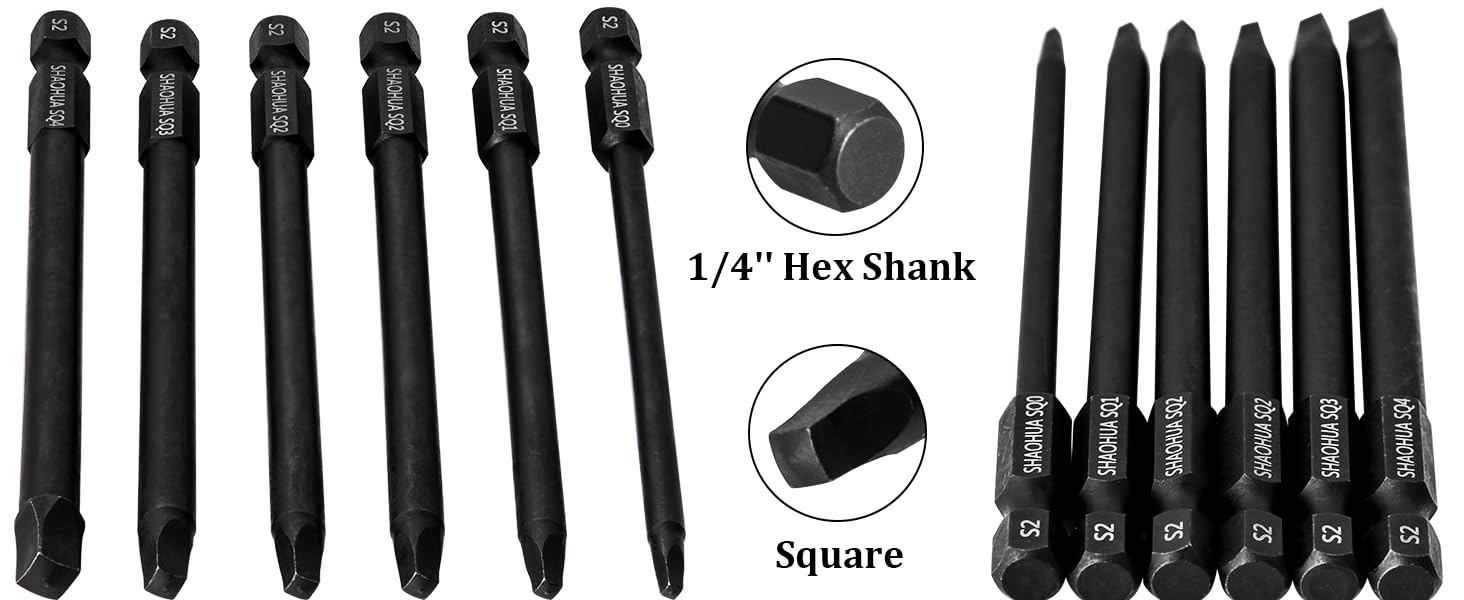 4 In/100mm Square Drive Bits, SQ0/1/2/3/4 Square Allen