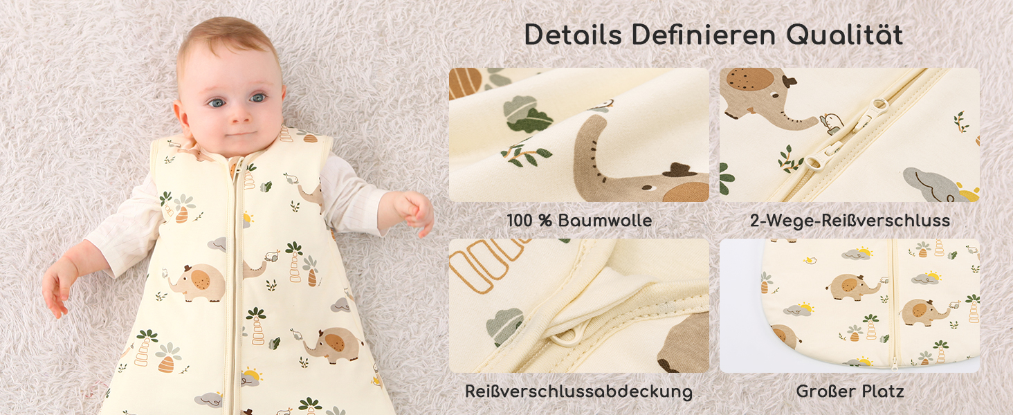 Der Text lautet „Deutsche Designerinnen Qualität“. Produktmarketing-Bild mit Babykleidung und Stoffmustern.