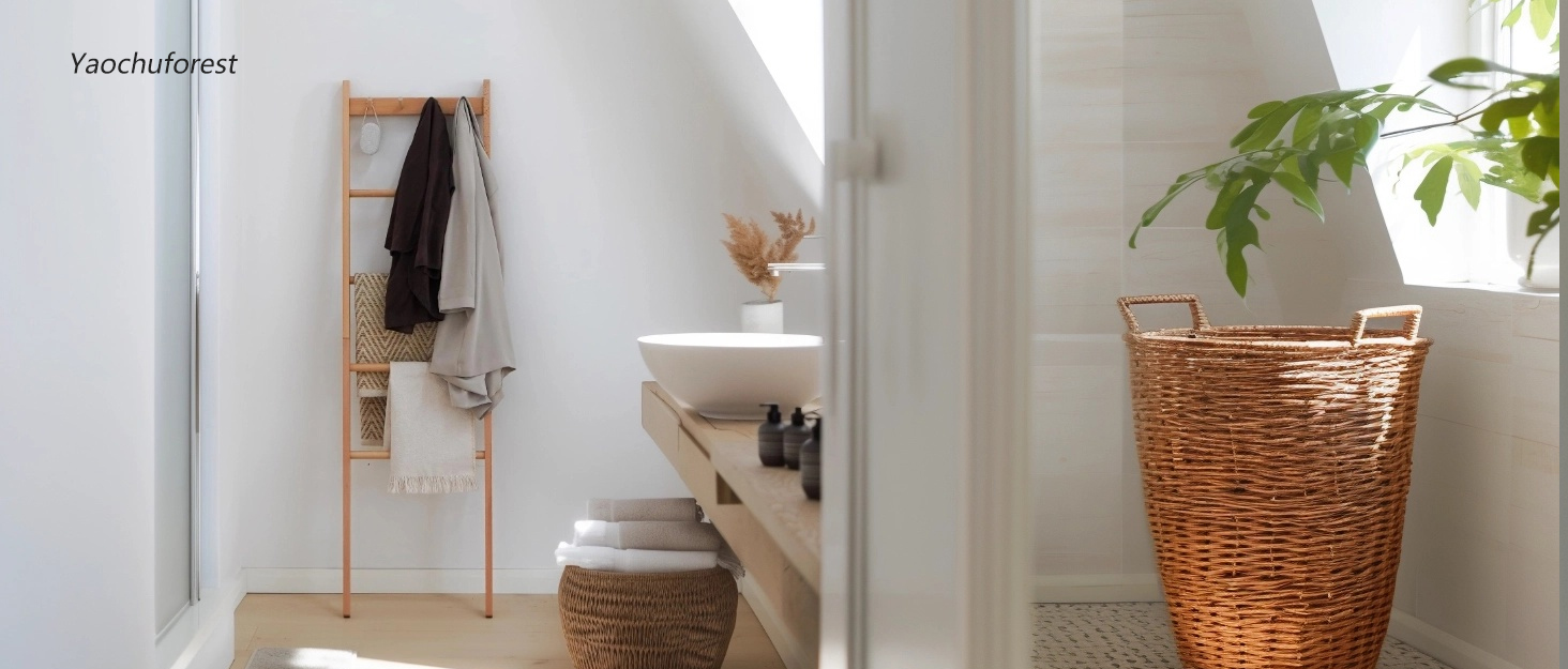 Beech wood towel rack in a bathroom holding folded blankets and towels.