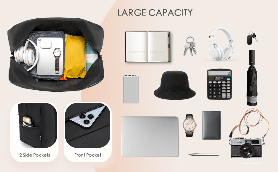 Schéma de capacité du produit montrant le contenu du sac, y compris l'ordinateur portable, les écouteurs, le chapeau, la calculatrice et divers accessoires avec des détails sur la disposition des poches.