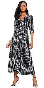 women polka dots v neck half sleeves a line flared flowy button up dress beach casual boho dresses