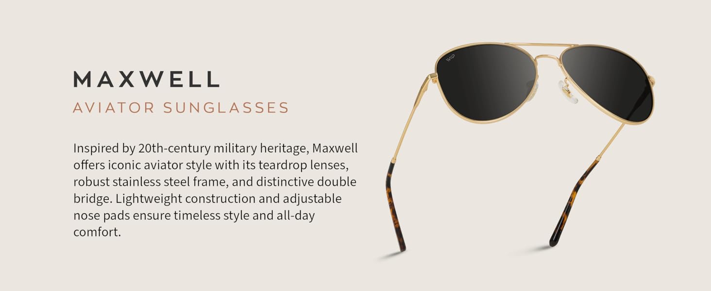 Maxwell Aviator Sunglasses, teardrop lenses, stainless steel frame, lightweight, adjustable nose pad