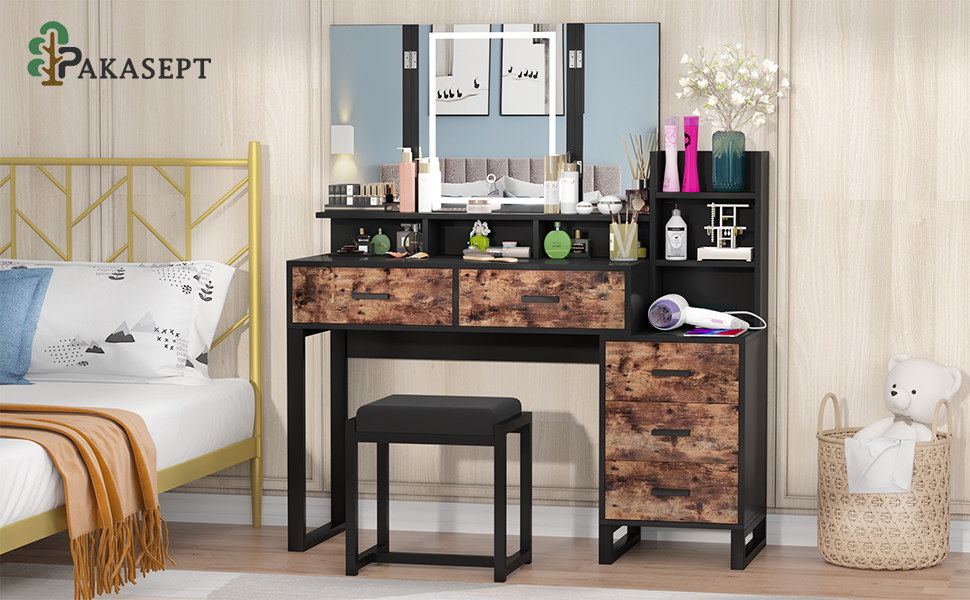 PAKASEPT Vanity Set with Lighted Trifold Mirror, Vanity Desk with Cha