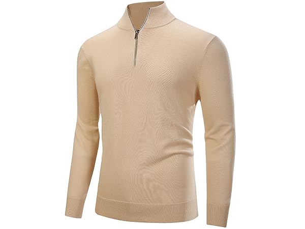 Kallspin Men's Quarter-Zip Sweater Pure Cotton Mock Neck Knit Long