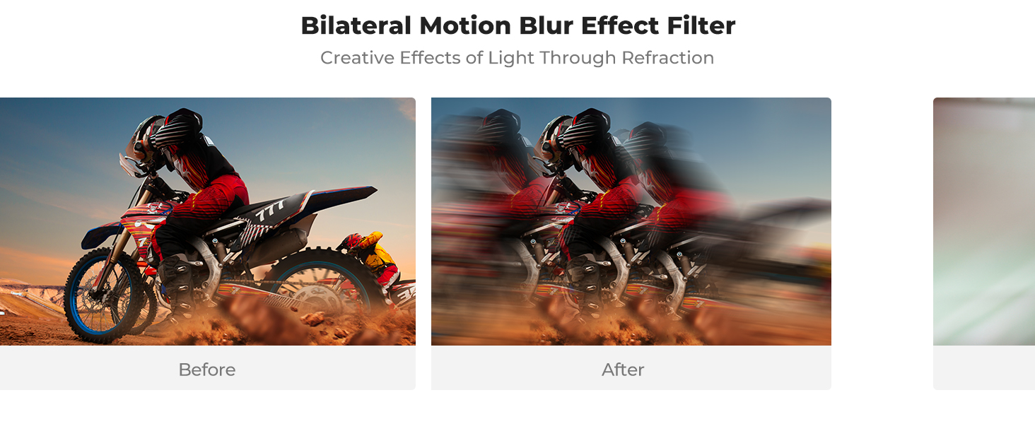 Two-panel image demonstrating a motion blur effect filter. Left shows a sharp motocross rider mid-jump, right shows the same image with blurred background and emphasized red areas.
