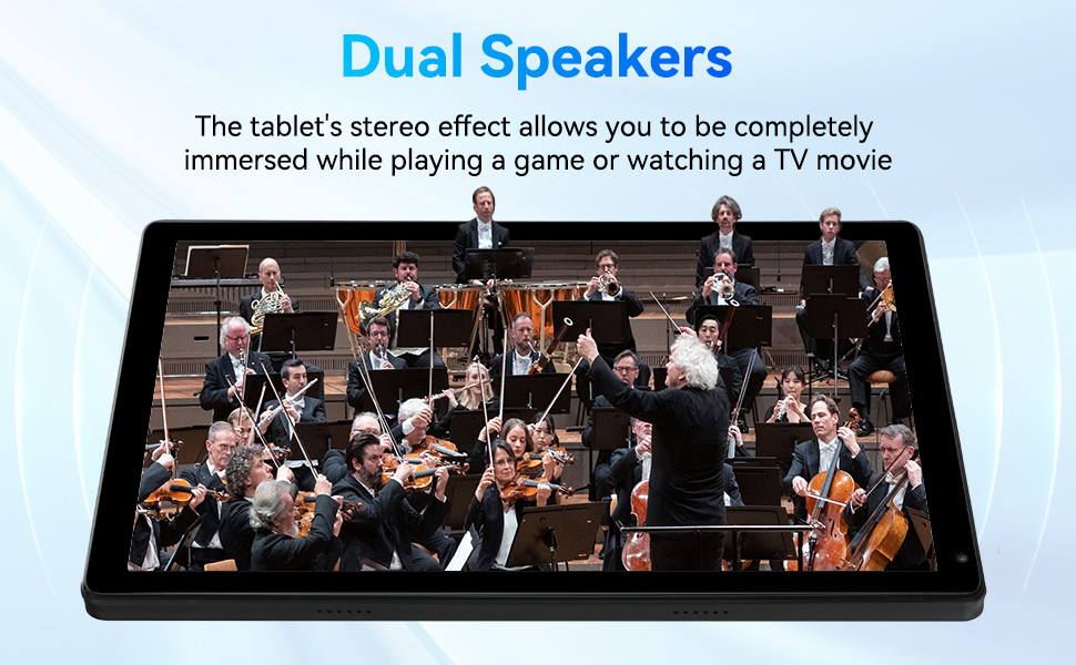 Text reads 'Dual Speakers' with additional text about being immersed while playing games or watching TV. Shows a wide soundbar with orchestra performance imagery.