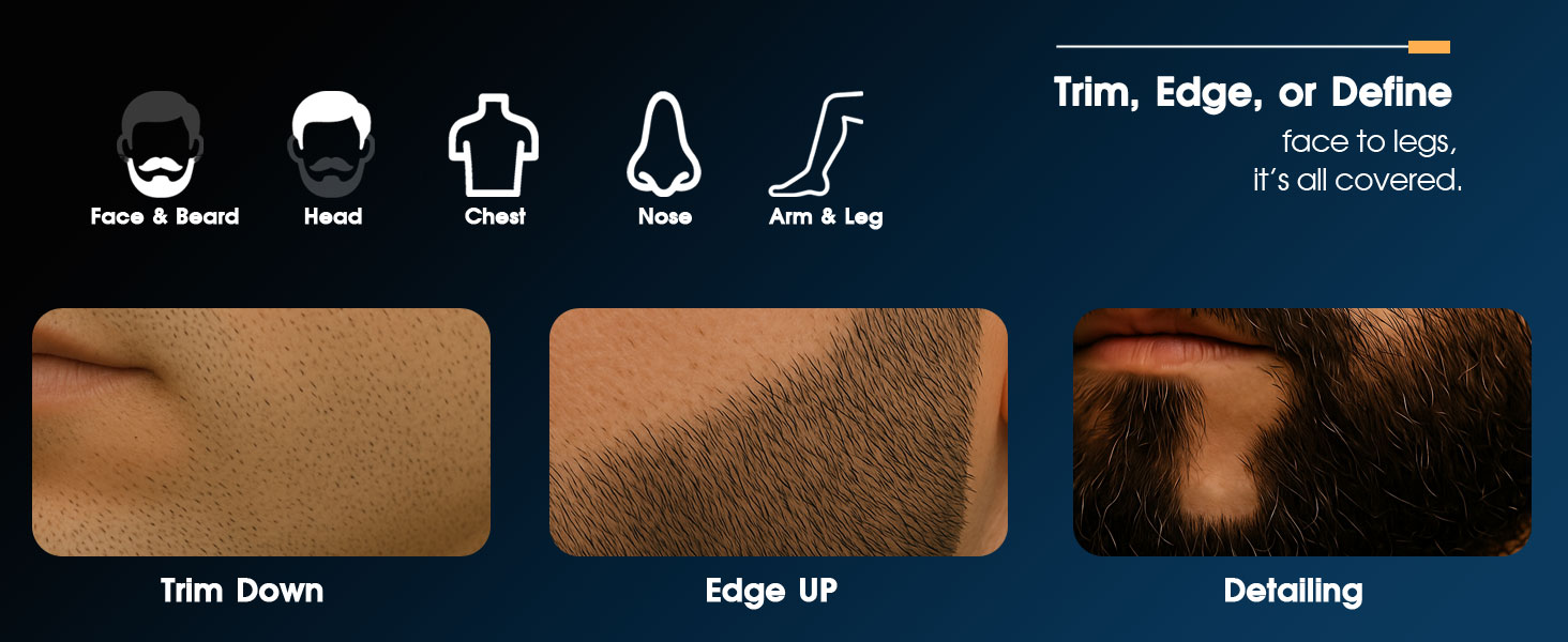 This trimmer for men can trim down, edge or detail for face and beard, hair, chest and body hair