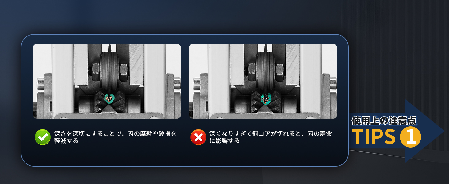 深さを適切にすることで、刃の摩耗や破損を軽減する  深くなりすぎて銅コアが切れると、刃の寿命に影響する