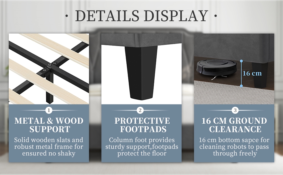 Product feature display showing wooden slats with metal support, protective footpads, and 16 cm ground clearance for cleaning robots.