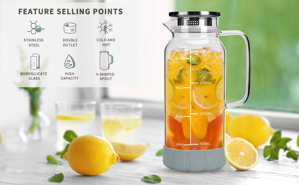 BOQO Glass Pitcher 68oz/2000ml,Pitcher with lid and Precise