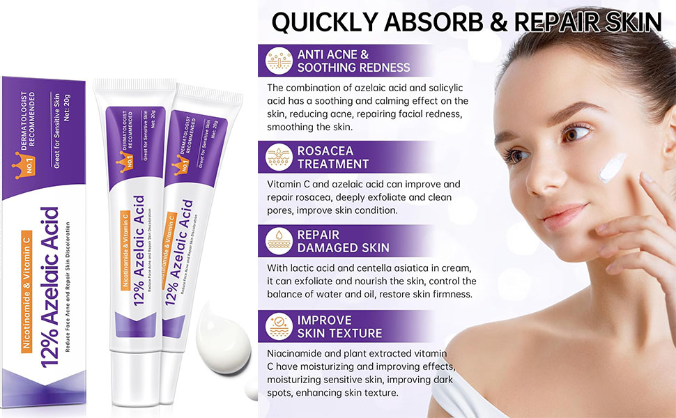 FUNI Azelaic Acid Serum, Booster 12% Azelaic Acid Cream, Hyaluronic Acid Serum & Niacinamide for Face, Facial Cream, Balance Excess Sebum,Smoothing Skin and Blemish,Pore Cleansing 1pcs 23 Mild ingredients, the 12% Azelaic Acid Serum has a lightweight texture that absorbs quickly