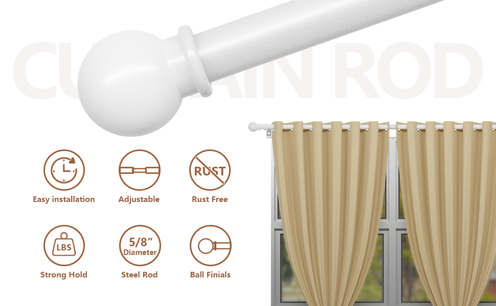 White Curtain Rods for Windows 32 to 90, Heavy Duty 5/8