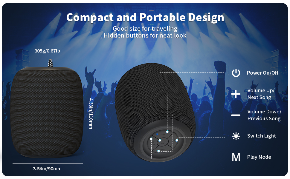 Compact portable speaker with hidden buttons. Features include power, volume control, light switch, and play mode. Dimensions: 3.54x3.15x4.37 inches. Black color with textured surface.