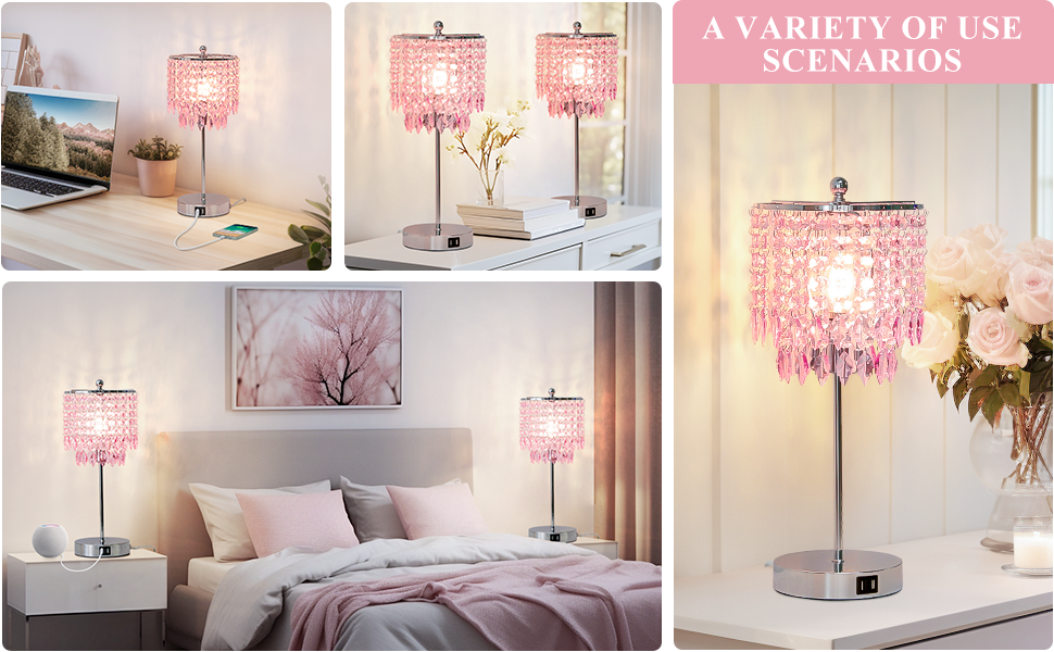 Pink Crystal Lamps, Touch Control Crystal Table Lamp with Dual USB
