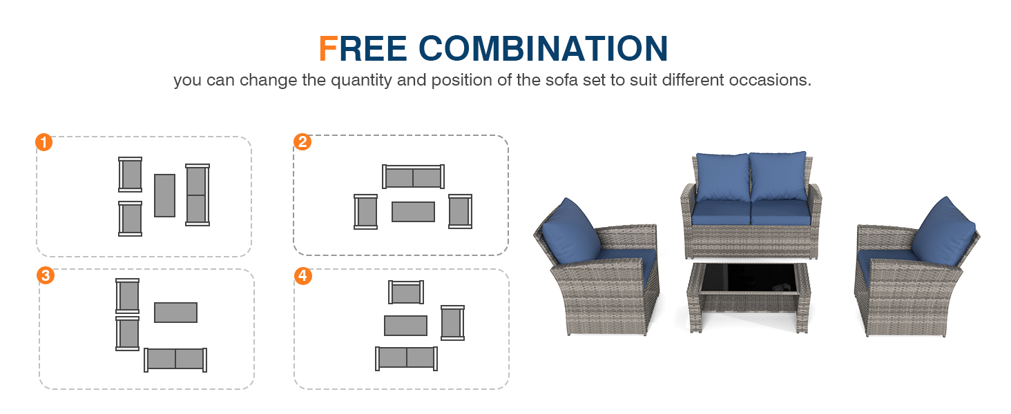 UDPATIO Patio Sofa Set of 4, Patio Furniture Set with Glass