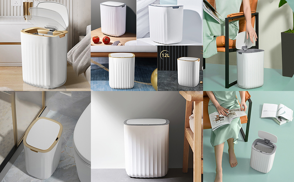 Slim Automatic Trash Bin with Lid, 12 Liter Waterproof Smart Rubbish