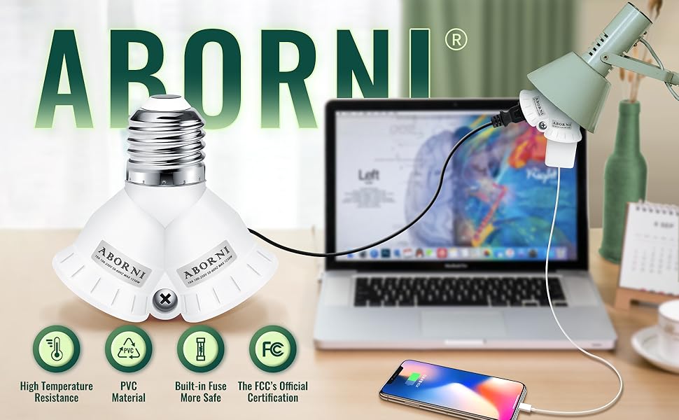 ABORNI 2 in 1 Light Socket to Plug Adapter, E26/E27 3 Prong Light