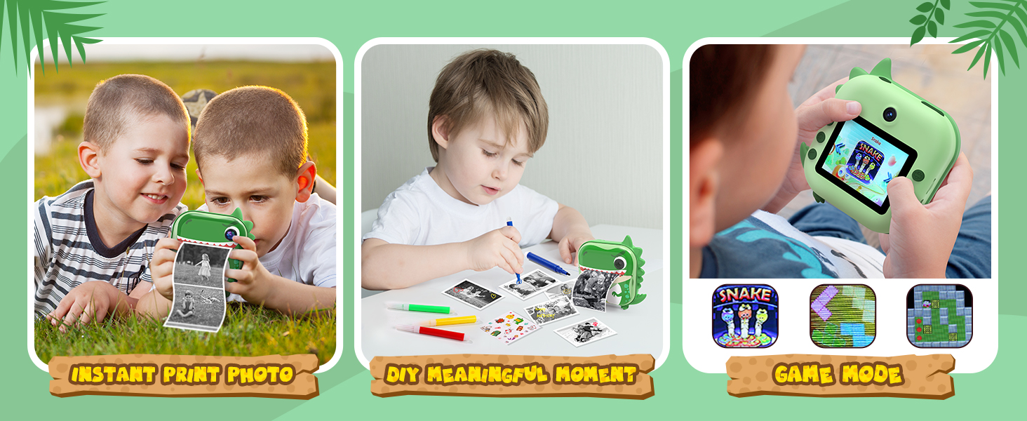 Skirfy Kids Camera Instant Print,Digital Camera for Kids with 5 Print Paper&32G TF Card&Reader,Dinosaur Selfie Camera with Color Pens&Stickers,48MP Video Camcorder with Lanyard,Gift for Boys Girls 16 instant print camera for boys